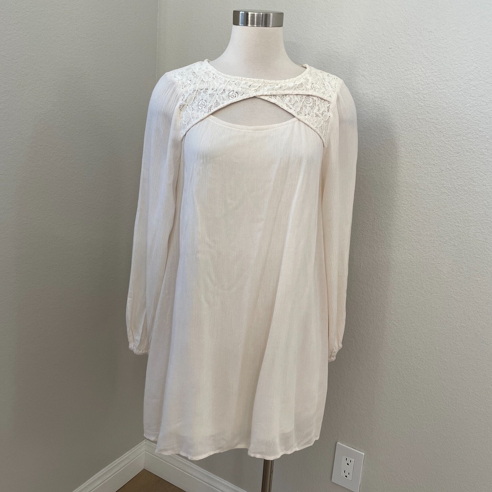 Entro Womens Small Cream Lace Accent Shift Dress Long Sleeve Lined